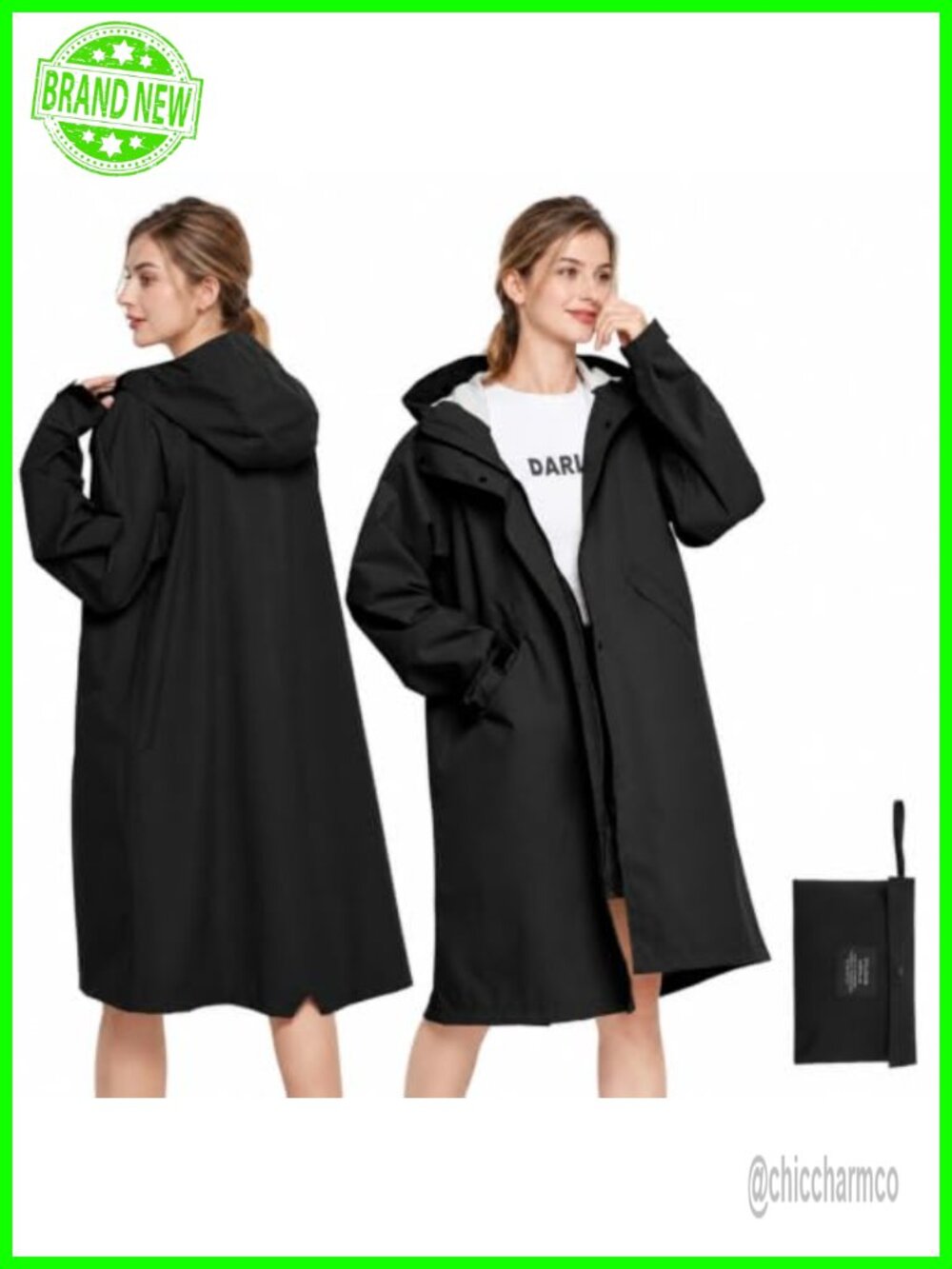 LAMA Long Waterproof Raincoat Hooded Packable Lightweight Women